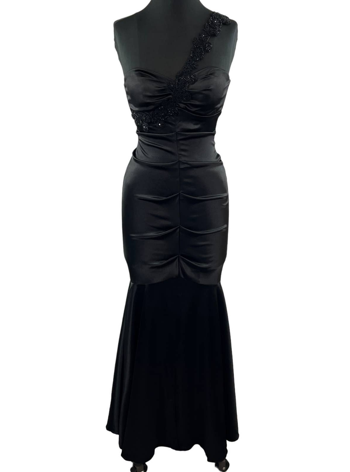 Xscape Joanna Chen Black Beaded Asymmetric One Shoulder Mermaid Evening Gown 6